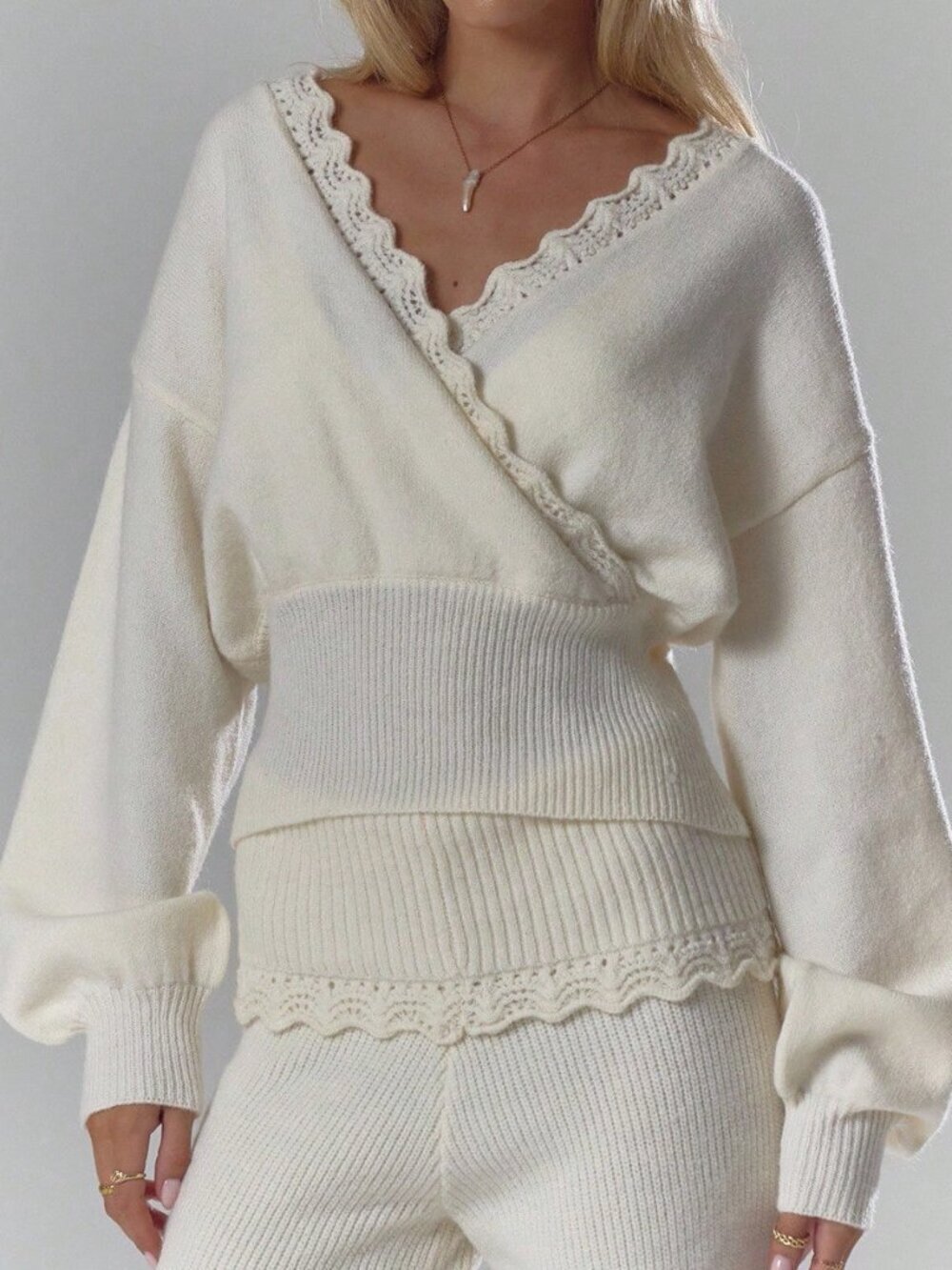 Cream Casual Women's Soft Rib Crochet Knit Crossover Cinched Long Sleeve Top